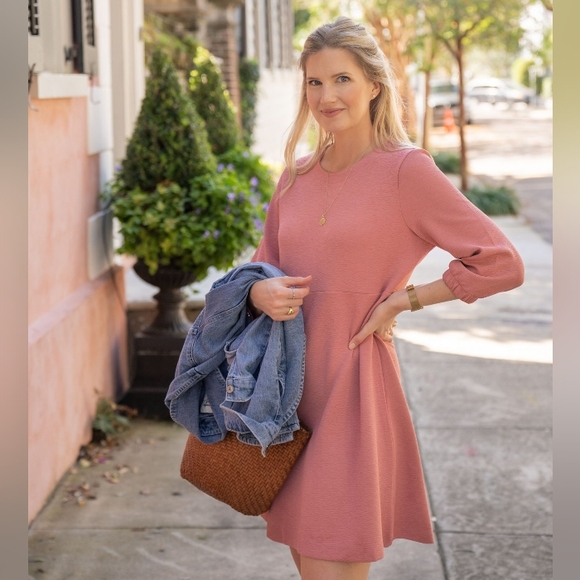 Free Assembly Small Classic Pink 3/4 Sleeve A-Line Dress Shift Preppy Casual - Picture 2 of 9